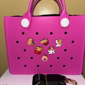 Pink & Black Interior Women's Tote Bag with Decorative Charms